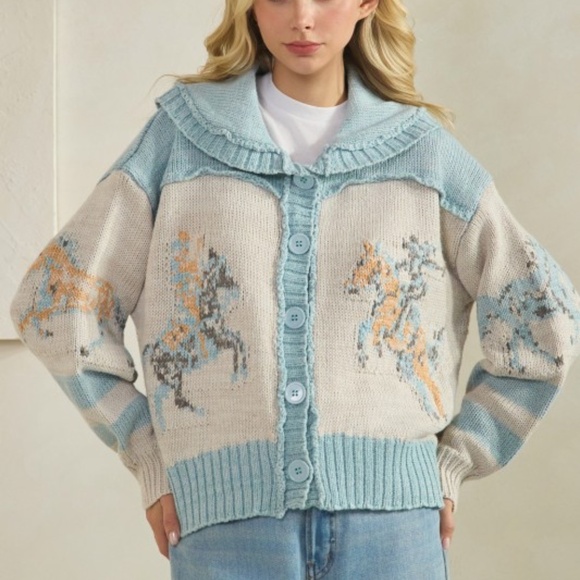 Cozy Horse Western Graphic Wide Collar Button Down Cardigan - Picture 4 of 4